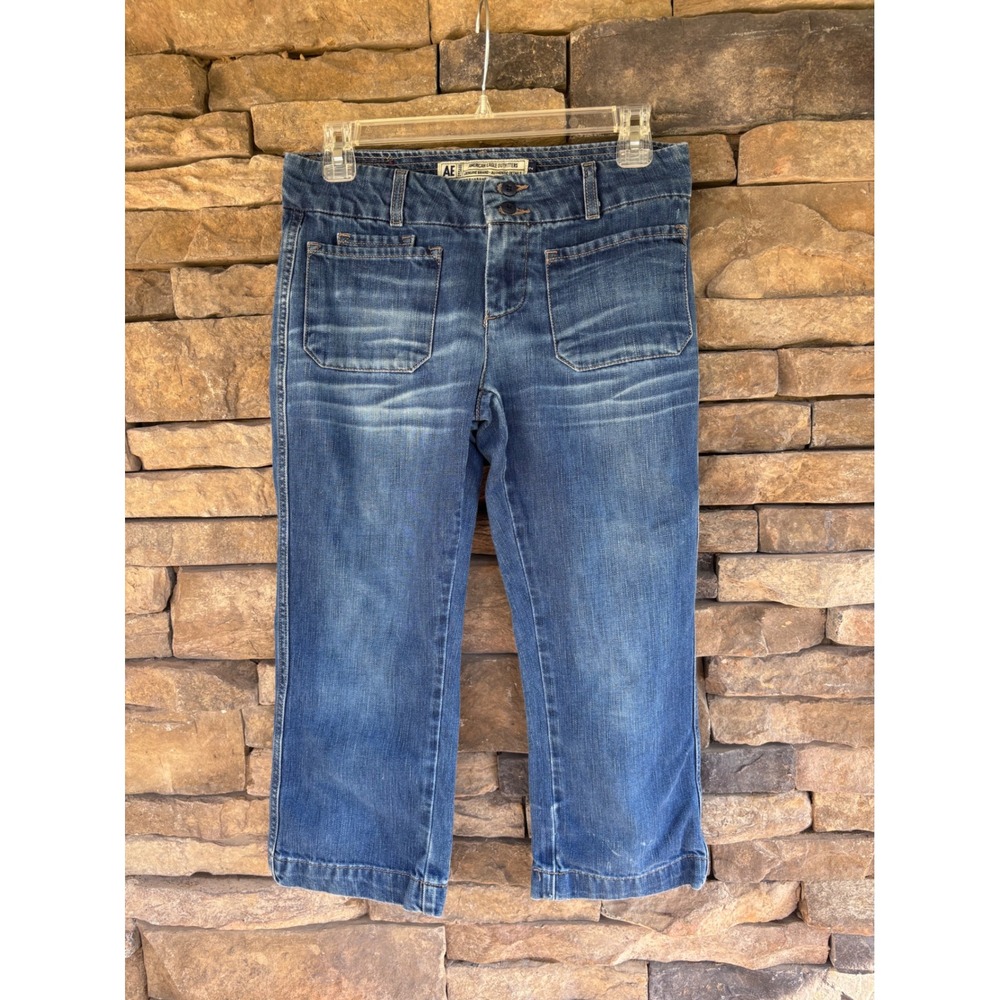 American Eagle Cropped Jeans Wide Leg Pockets Denim Blue Size‎ 2 Y2K